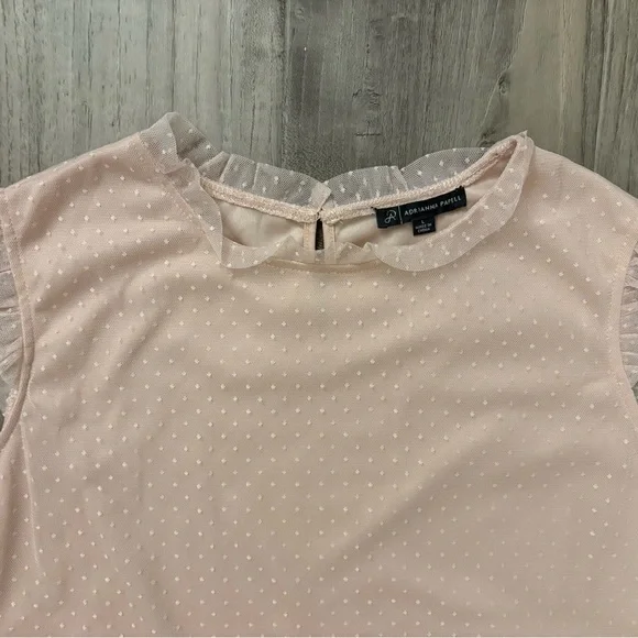 Adrianna Papell Blush Swiss Dot Sleeveless Blouse L – Ruffle Mesh Trim Top - Picture 2 of 9